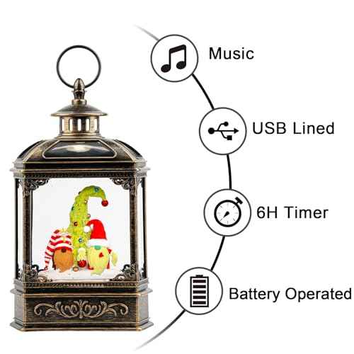 Musical Snow Globe Lantern Lighted Whimsical Christmas Tree & Gnomes Scandinavian Santa Elf Water Lantern with Swirling Glittering Home Decoration and Gift