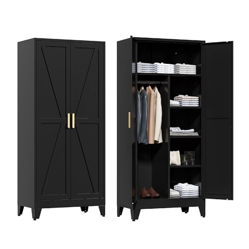 71'' Farmhouse Metal Wardrobe Cabinet with Hanging Rod