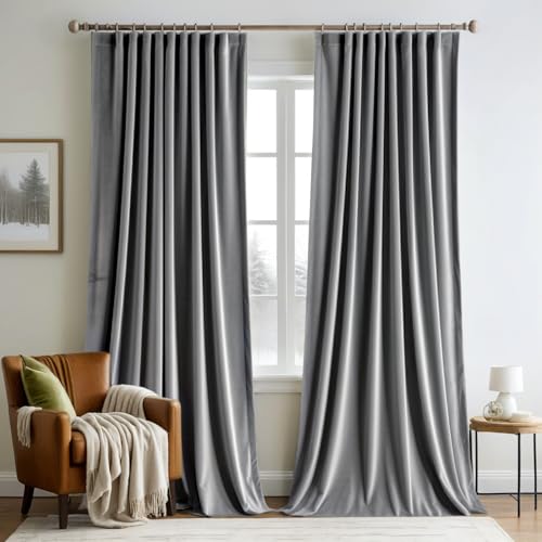 Grey Velvet Pinch Pleat Blackout Curtains W52 X L108 Inches (2 Count)