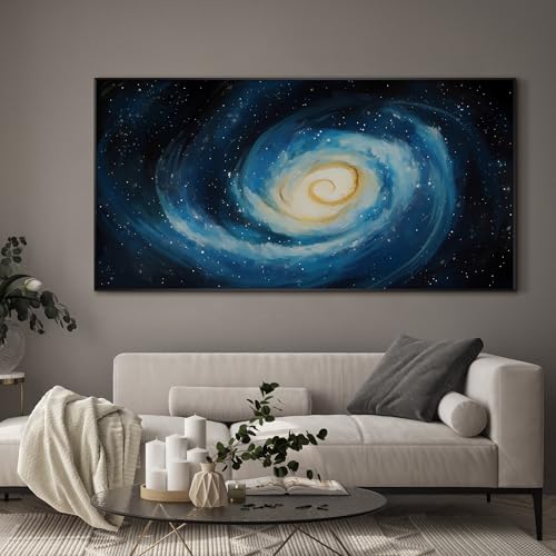 24"x46" Extra Large Framed Wall Art Spiral Galaxy Vivid Blue and Yellow Cosmic Space Illustration for Home Living Room Bedroom Decor