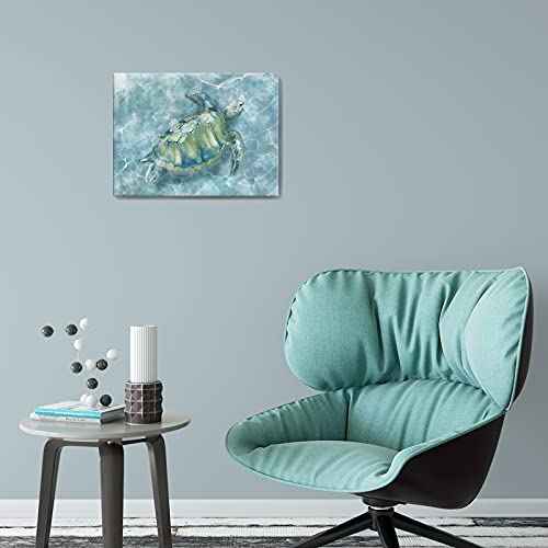 Bathroom Wall Decor Canvas Wall Art for Bedroom Sea Turtle Pictures Blue Coastal Room Decorations Artwork Green Turtle Wall Decorations 16” x 24”