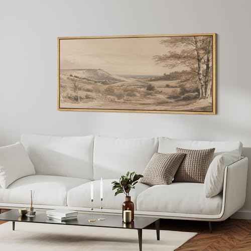 Extra Large Framed Canvas Print Wall Art Vintage Neutral Tone Countryside Landscape Retro Fine Art Illustrations Decorative Colorful for Bedroom