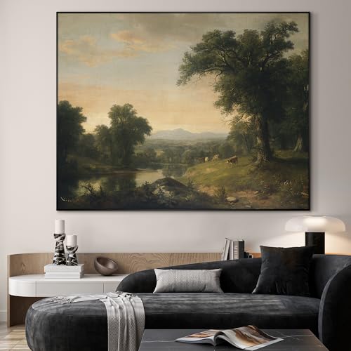 46"x60" Extra Large Framed Wall Art Classic River Valley Landscape Vintage Style Countryside Illustration for Home Living Room Bedroom Decor
