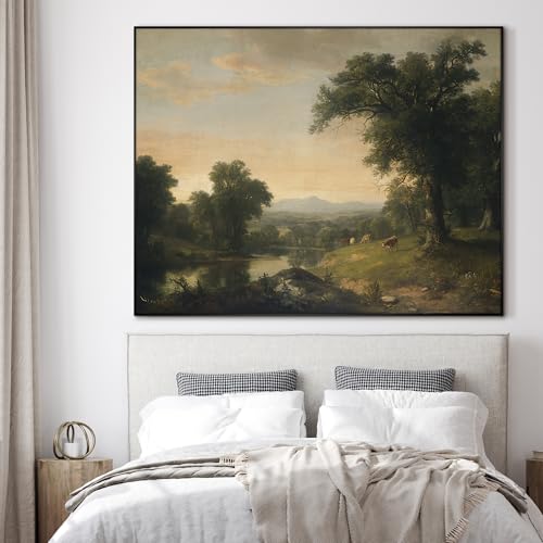 46"x60" Extra Large Framed Wall Art Classic River Valley Landscape Vintage Style Countryside Illustration for Home Living Room Bedroom Decor