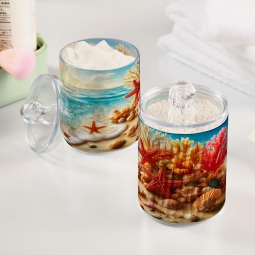 2 Pack Qtip Holder Organizer Dispenser Starfish Coral Seashell Summer Beach Bathroom Storage Canister Cotton Ball Holder Container for Cotton Pads (2 Count)