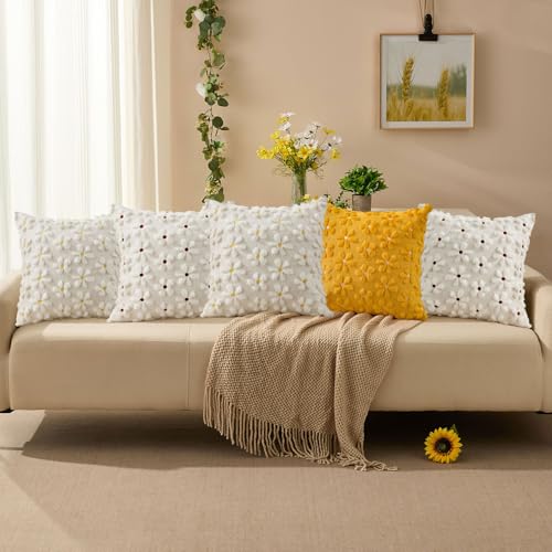 Spring Summer Pillow Covers 16x16 inch Set of 2 White Rust Daisy