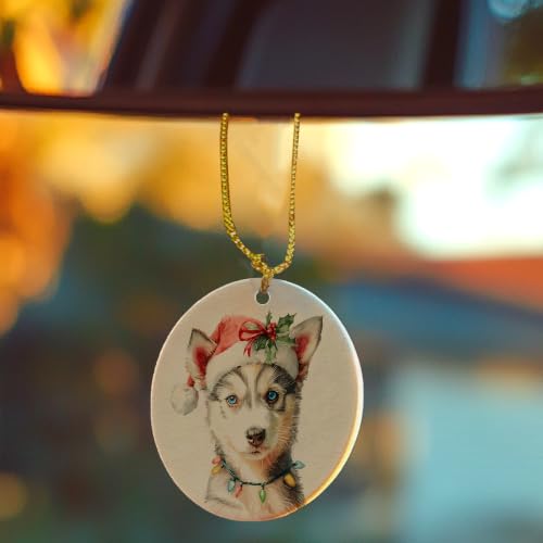 Santa Husky Puppy Christmas Ceramic Ornament