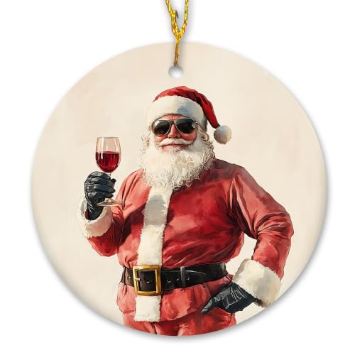 Santa Claus Wine Bar Christmas Ceramic Ornament
