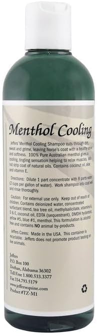 Jeffers Equine Menthol Cooling Horse Shampoo 16 oz - 100% Pure Australian Menthol, Coconut Oil, Aloe & Vitamin E - Moisturizing, Deep Cleansing, Gentle Grooming Shampoo for Horses
