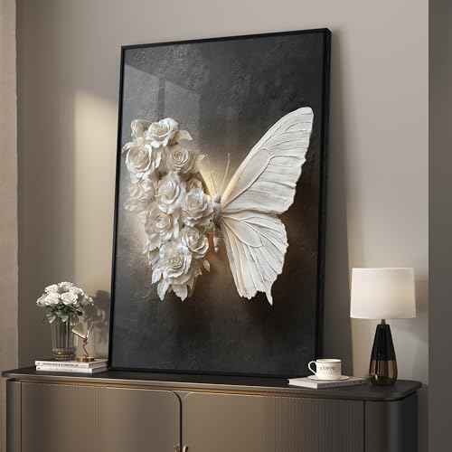 Large Framed Black and White Butterfly Floral Wall Art