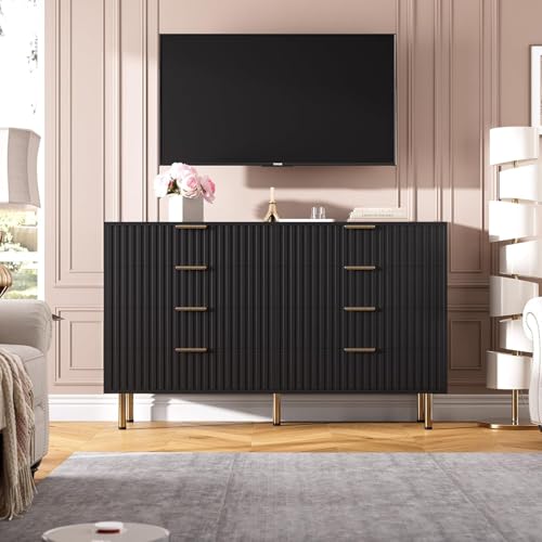 55" Fluted Black 8 Drawer Dresser for Bedroom with Deep Drawers