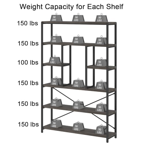 6 Tier Industrial Bookshelf for Bedroom Living Room Office