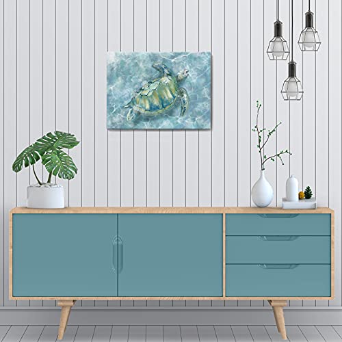 Bathroom Wall Decor Canvas Wall Art for Bedroom Sea Turtle Pictures Blue Coastal Room Decorations Artwork Green Turtle Wall Decorations 16” x 24”
