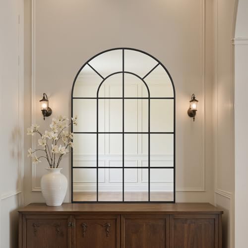 Arched Windowpane Wall Mirror 24"x36" Black Wall Mounted Art Pane Mirror Farmhouse Decorative Mirror Leaning Hanging Wall Mirror for Bedroom Living Room Entrance Hallway Wall Decor