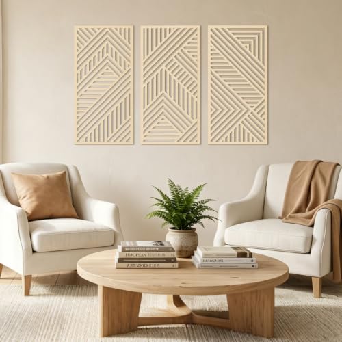 Large Boho Wood Wall Art 16x32 Inch Mid Century Modern Wooden Wall Decor Minimalist Abstract Geometric Artwork for Living Room Office Set of 3