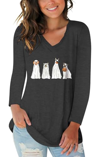 Fall T Shirt for Women Halloween Pumpkin Shirts Family Funny Graphic Ghost Dogs Tee Casual Cute Autumn Tops Halloween Costume Dark Grey Ghost Dog S