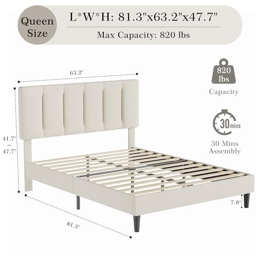 Queen Size Bed Frame with Upholstered Headboard
