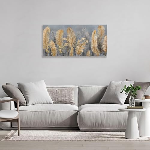 Canvas Wall Art Decor Gold Boho Canvas Art Wall Decor For Living Room Grey Boho Aesthetic Feather Wall Decor Artwork Modern Wall Art Decor Artwork For Home Bedroom Office Wall Decor 20×40 Inch
