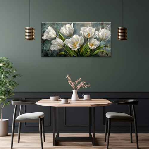 Canvas Wall Art Decor White Tulip Flower Canvas Art Wall Decor For Living Room Modern Floral Botanical Canvas Wall Art Prints Elegant Nature Flower Wall Art For Bedroom Home Office Wall Decor 20"×40"