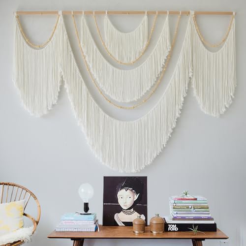 Macrame Wall Hanging Boho Yarn Art Tassel Beaded Handmade Decor 57"W*41"L