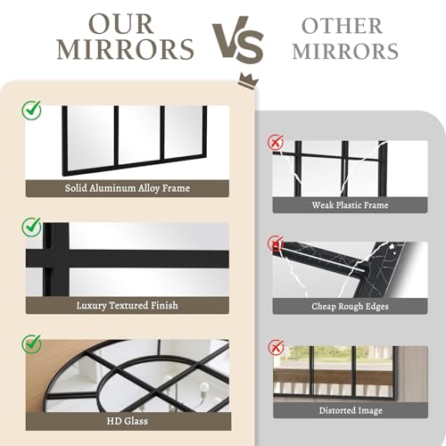 Arched Windowpane Wall Mirror 24"x36" Black Wall Mounted Art Pane Mirror Farmhouse Decorative Mirror Leaning Hanging Wall Mirror for Bedroom Living Room Entrance Hallway Wall Decor