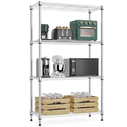 1000 lbs 4Tier Shelf Metal Storage Shelves Wire Rack Closet Organizers with Wheel for Garage Kitchen Bathroom Laundry Chrome 13.7" D x 23.6" W x 53.4" H (4 Count)