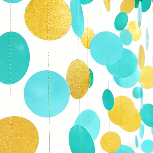 Teal Gold Party Polka Dot Garland Banner Aqua Turquoise Glitter Gold Hanging Paper Circle Dots Streamer for Birthday Wedding Shower Engagement Bridal Shower Retirement Party Decorations Supplies