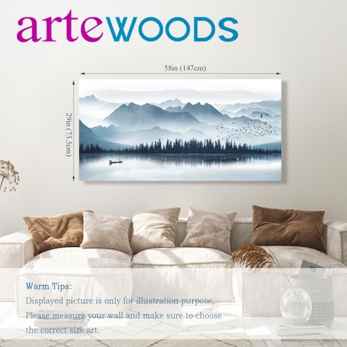 Indigo Canvas Wall Art Misty Mountain Wall Pictures Foggy Lake Boat Painting Print Blue Forest Birds Artwork Wall Decor for Living Room Wall Decorations Framed Ready to Hang 29" x 58"