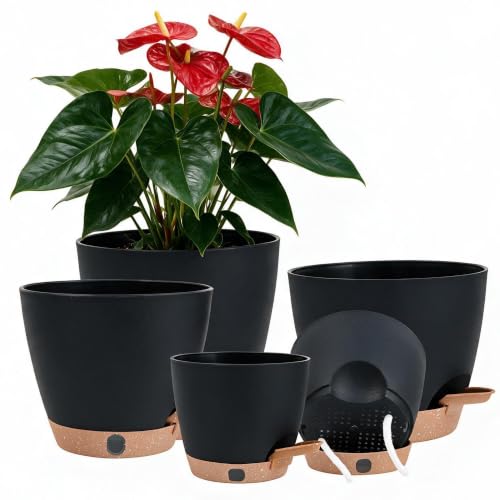 5-Pack Self-Watering Plastic Plant Pots 5/5.5/6/6.5/7 Inch– Black Indoor Flower Pots with Wick & Water Tray for Herbs, Succulents, Seedlings, Small Plants (5 Count)