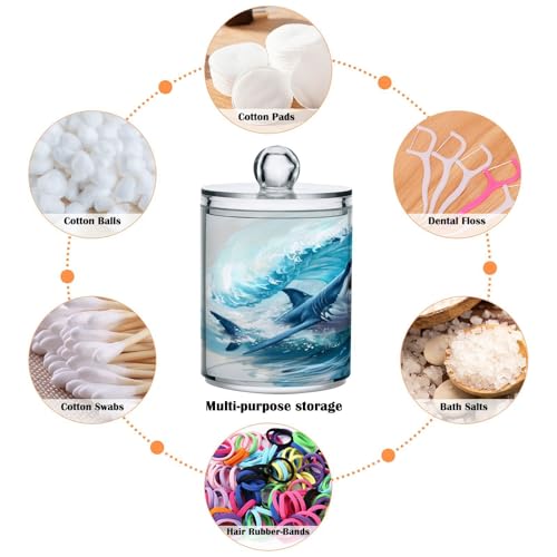 2 Pack Qtip Holder Organizer Dispenser Jumping Shark Blue Ocean Wave Bathroom Storage Canister Cotton Ball Holder Container for Cotton Pads (2 Count)