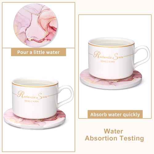 6 Pcs Pink Marble Abstract Ceramic Coasters with Holder for Coffee Table (6 Count)