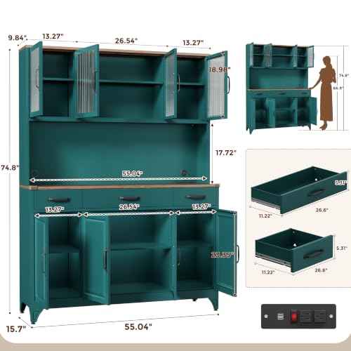 74.8" Tall Metal Pantry Cabinet with Charging Station & LED Light
