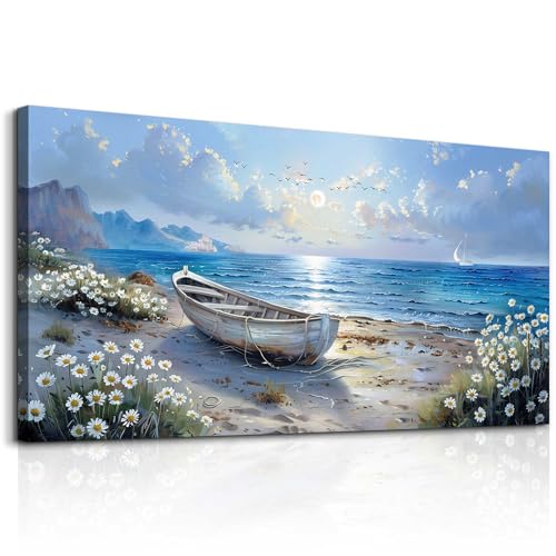 Large Wall Art For Living Room Canvas Wall Decor For Bedroom Office White Flower Seaside Landscape Painting Farmhouse Decorations Wall Pictures Artwork Ready To Hang Home Decor 24"X48"