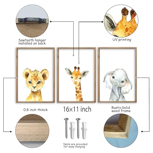 Baby Safari Nursery Wall Art Decor 11x16 Inch Set of 3 Wood Framed