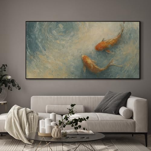 24"x46" Extra Large Framed Wall Art Koi Fish Swirl Tranquil Water Illustration for Home Living Room Bedroom Decor