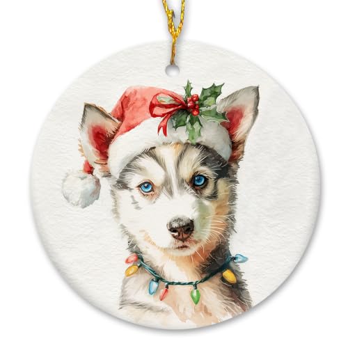Santa Husky Puppy Christmas Ceramic Ornament