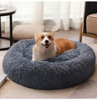 Original Calming Donut Dog and Cat Bed in Shag Fur, Dog Beds for Melium Dogs, Anti Anxiety Round Fluffy Plush Faux Fur Pet Bed (Dark Grey, X-Large)
