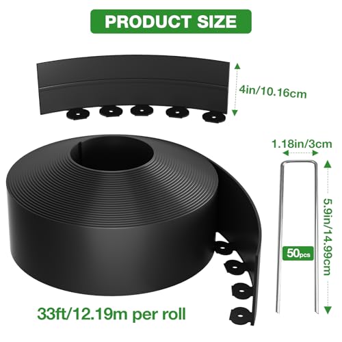 4in Tall 33ft Landscape Edging Kit with 50pcs Metal Spikes (33 Foot)