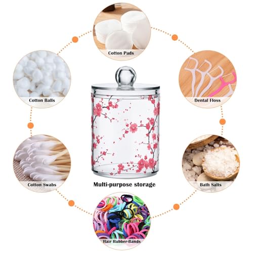 2 Pack Qtip Holder Organizer Dispenser Branches Pink Cherry Blossom Bathroom Storage Canister Cotton Ball Holder Container for Cotton Pads (2 Count)