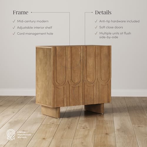Kelly Mid Century Style Credenza with Geometric Carved Doors