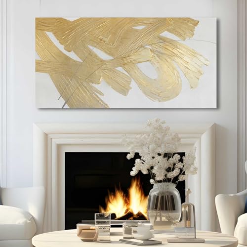 Gold Abstract Wall Art White and Gold Modern Framed Painting Texture Artwork for Living Room Office Dining Room Pictures 24x48 Inch Hand Painted