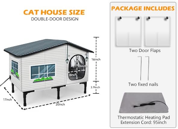 GASUR Weatherproof Heated Cat House for Outdoor Cats, Insulated Heating Cat House with Heated Pad for Winter, Elevated Heat Cat Shelter Waterproof Safe Feral Outside Pet House for Cats(20"x17"x16")