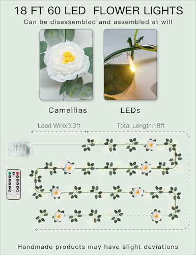60LED Garland with White Camellia Lights Battery Operated Clear Wire