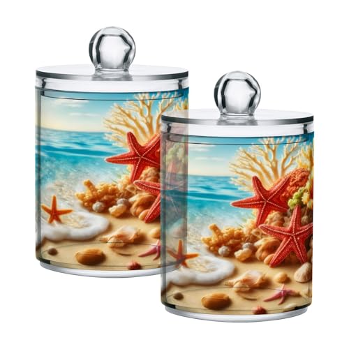 2 Pack Qtip Holder Organizer Dispenser Starfish Coral Seashell Summer Beach Bathroom Storage Canister Cotton Ball Holder Container for Cotton Pads (2 Count)