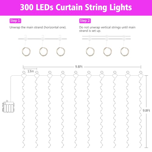Curtain Lights Battery Operated 9.8 x 9.8Ft with Timer Pink (300 Count)