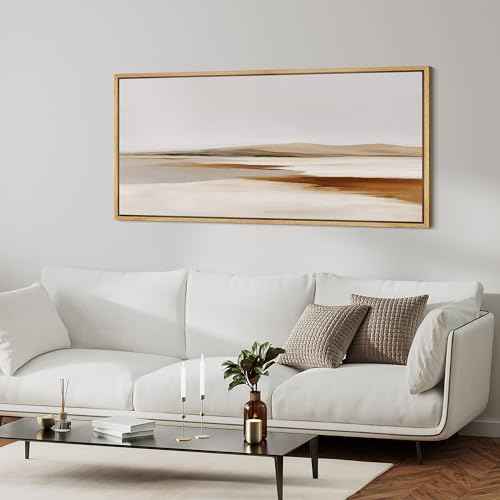 Extra Large Framed Canvas Print Wall Art Neutral Earth Tone Desert Landscape Minimalist Terracotta and Grey Long Retro Fine Art Illustrations Decorative Colorful for Bedroom