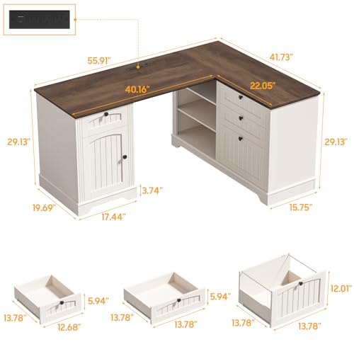 Farmhouse L Shaped Desk with Drawers