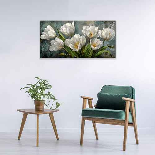 Canvas Wall Art Decor White Tulip Flower Canvas Art Wall Decor For Living Room Modern Floral Botanical Canvas Wall Art Prints Elegant Nature Flower Wall Art For Bedroom Home Office Wall Decor 20"×40"