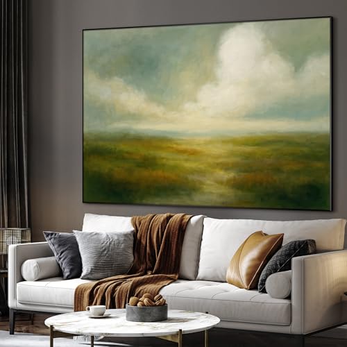 46"x60" Extra Large Framed Wall Art Soft Pastel Hills Dreamy Landscape Illustration for Home Living Room Bedroom Decor