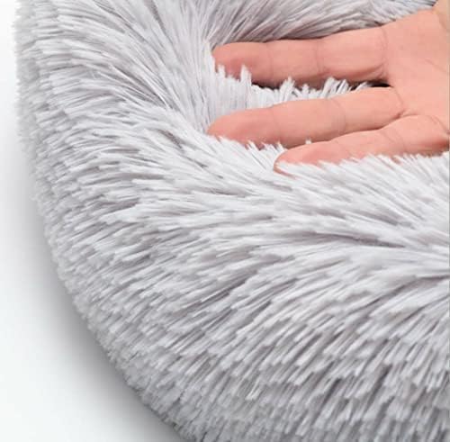 Original Calming Donut Dog and Cat Bed in Shag Fur, Dog Beds for Melium Dogs, Anti Anxiety Round Fluffy Plush Faux Fur Pet Bed, Light Grey, 27.6x27.6